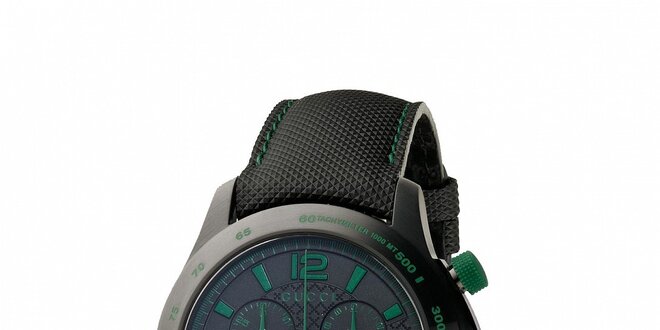 Luxusní pánské černé hodinky Gucci s chronografem a zelenými detaily