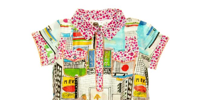 Dětské pestré košilové šaty s městským potiskem Peace&Love