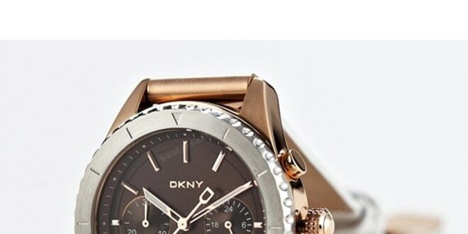 Dámské zlato-stříbrné náramkové hodinky DKNY s bílým koženým řemínkem