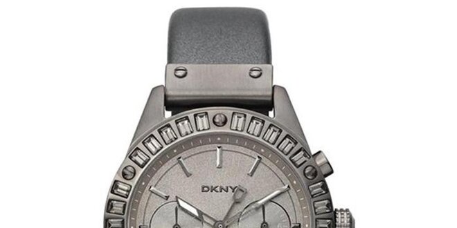 Dámské kouřově šedé ocelové hodinky DKNY s koženým řemínkem