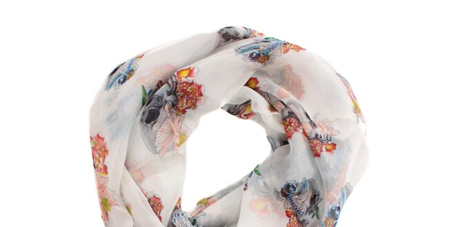 Dámský bílý hedvábný šátek Alexander McQueen s lebkami a látajícími rybami