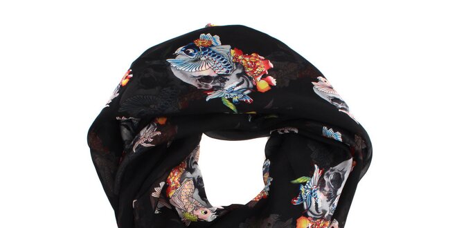 Dámský černý hedvábný šátek Alexander McQueen s lebkami a látajícími rybami