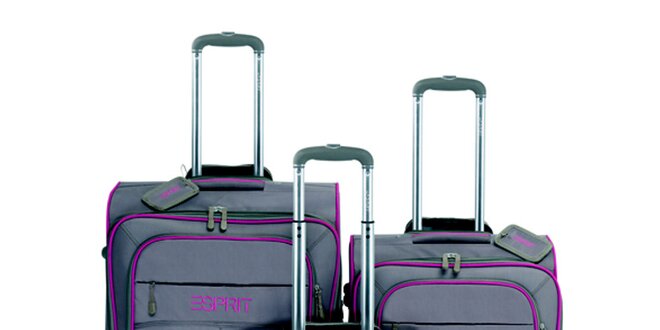 Šedo-hnědý set tří kufrů na kolečkách s růžovými lemy Esprit