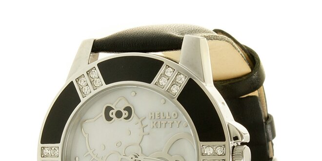 Dámské analogové černo-stříbrné hodinky s koženým páskem Hello Kitty