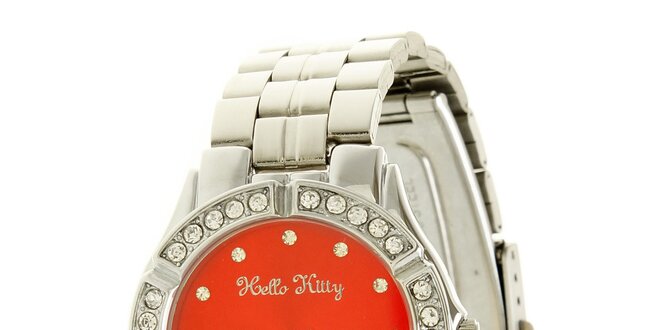 Dámské stříbrno-červené náramkové hodinky se skleněnými krystaly Helo Kitty