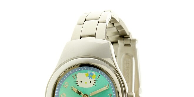 Dámské stříbrné hodinky se zeleno-modrým ciferníkem Hello Kitty