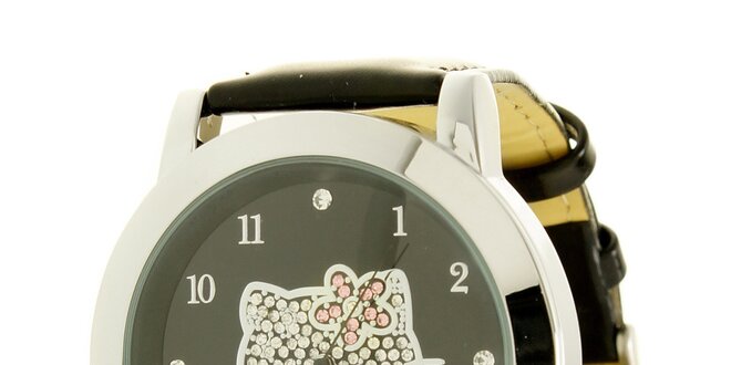 Dívčí černo-stříbrné hodinky s krystaly Hello Kitty
