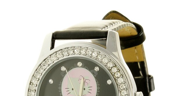 Dámské černo-stříbrné analogové hodinky se skleněnými krystaly Hello Kitty