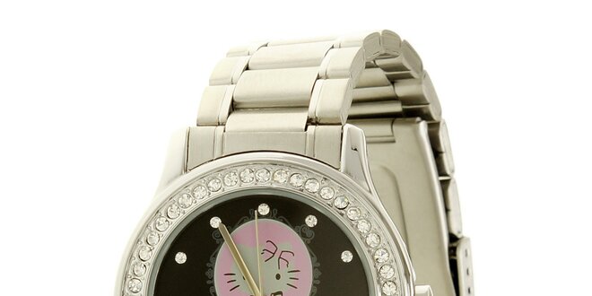 Dámské stříbrno-černé analogové hodinky se skleněnými krystaly Hello Kitty