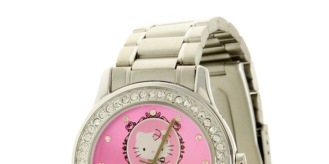 Dámské stříbrno-růžové analogové hodinky se skleněnými krystaly Hello Kitty