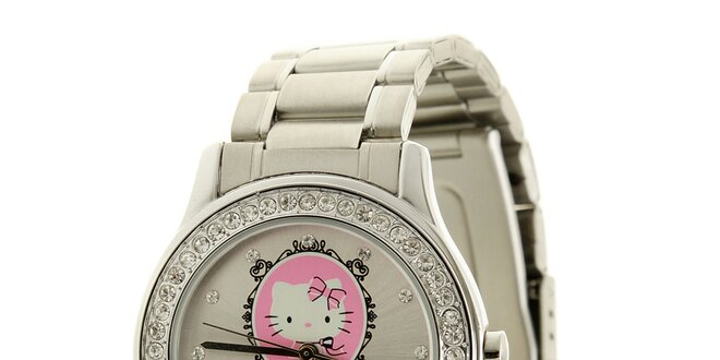 Dámské stříbrné analogové hodinky se skleněnými krystaly a růžovými detaily Hello Kitty