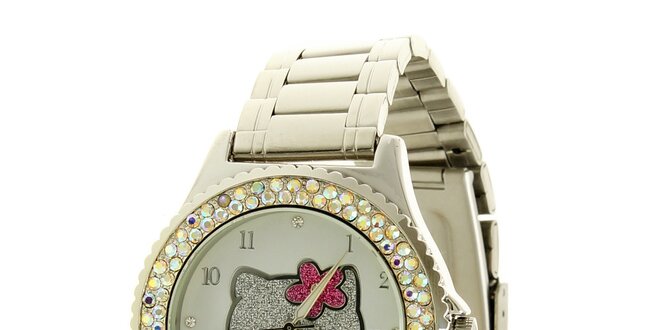 Dámské stříbrné analogové hodinky se skleněnými krystaly a světle modrým ciferníkem Hello Kitty
