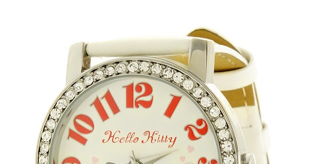 Dámské červeno-růžové analogové hodinky se skleněnými krystaly Hello Kitty