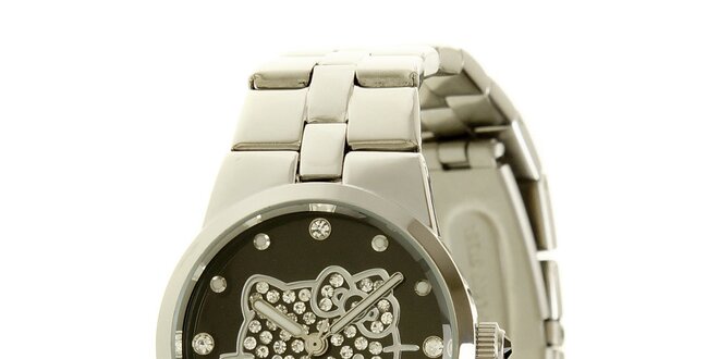 Dámské stříbrno-černé analogové ocelové hodinky se skleněnými krystaly Hello Kitty
