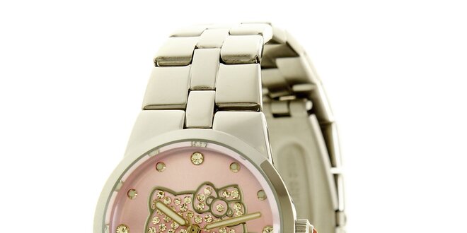 Dámské stříbrno-růžové analogové ocelové hodinky se skleněnými krystaly Hello Kitty