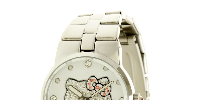 Stříbrné dívčí analogové ocelové hodinky se skleněnými krystaly a růžovými detaily Hello Kitty