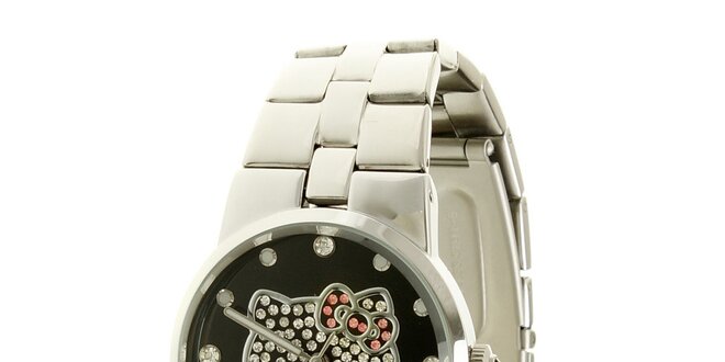 Stříbrné dívčí analogové ocelové hodinky se skleněnými krystaly a černým ciferníkem Hello Kitty