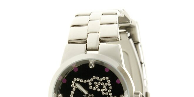 Stříbrné dívčí analogové ocelové hodinky se skleněnými krystaly a černým ciferníkem Hello Kitty