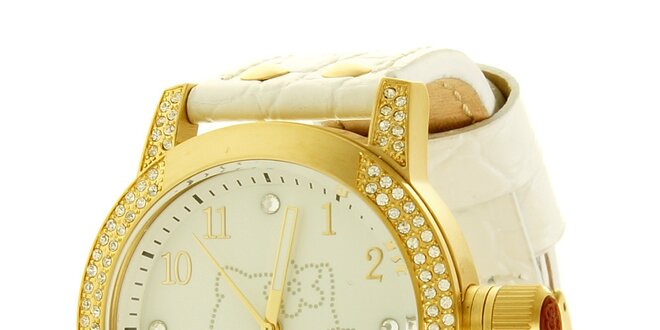 Dámské zlato-krémové náramkové hodinky se skleněnými krystaly Hello Kitty