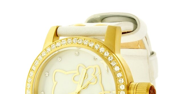 Dámské zlato-bílé náramkové hodinky se skleněnými krystaly Hello Kitty