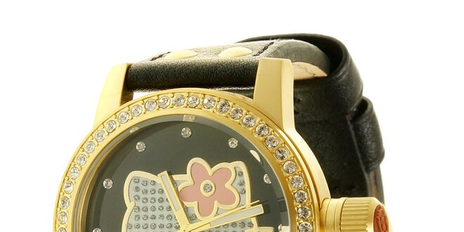 Dámské černo-zlaté náramkové hodinky se skleněnými krystaly Hello Kitty
