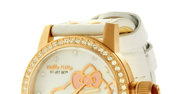 Dámské stříbrno-bílé náramkové hodinky se skleněnými krystaly Hello Kitty