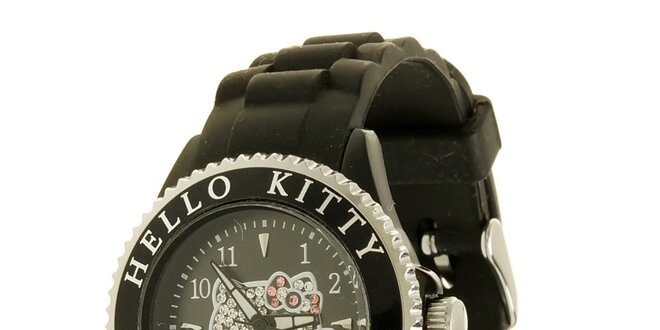 Dívčí černé hodinky s krystaly Hello Kitty