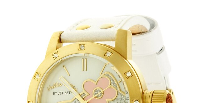 Dívčí zlato-bílé hodinky se skleněnými krystaly Hello Kitty