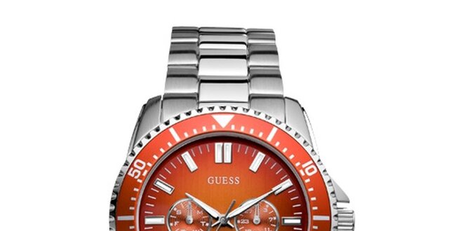 Pánské stříbrné hodinky s oranžovým ciferníkem Guess