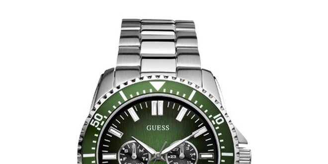 Pánské stříbrné hodinky se zeleným ciferníkem Guess