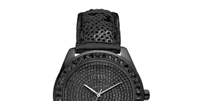 Dámské černé hodinky s krastaly a flitrovým páskem Guess