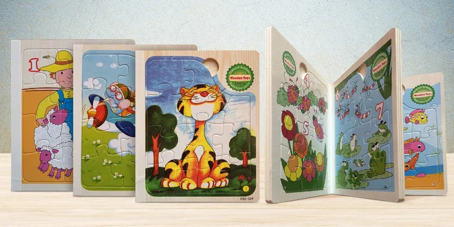 6 dětských puzzle skládanek ve dřevěném albu