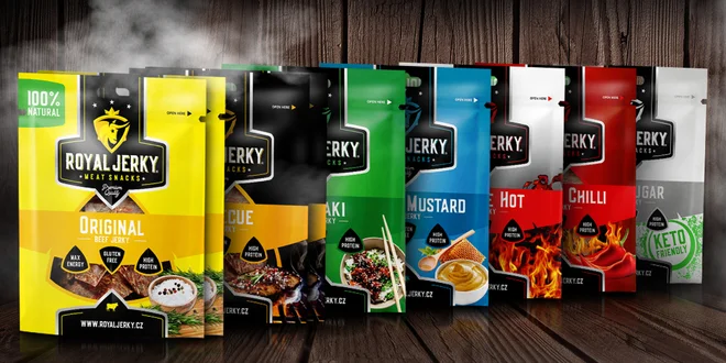 9 balíčků všech chutí prémiového masa Royal Jerky