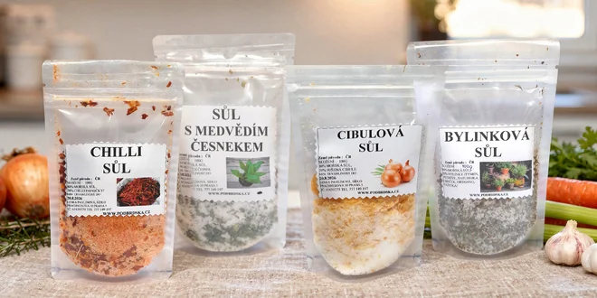 České soli s cesnakom, chilli aj hubami