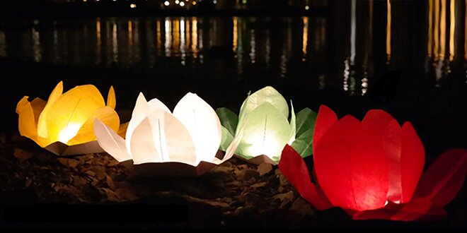 Pět různobarevných vodních lampionů přání