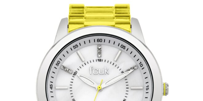 Dámské ocelové hodinky French Connection se žlutým plastovým řemínkem a kamínky