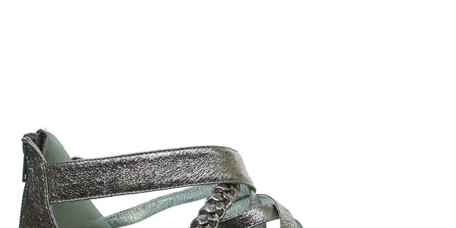 Dámské stříbrné metalické sandálky s copánkovými pásky Vanelli