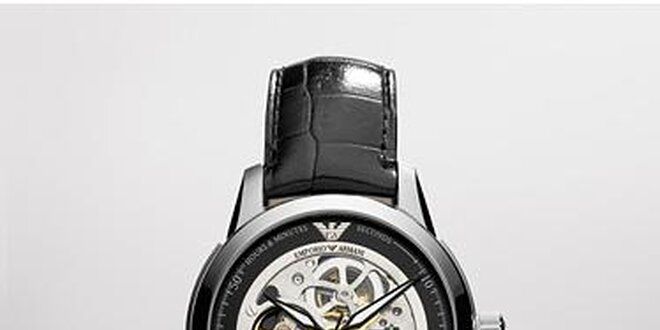 Pánské černo-stříbrné hodinky Emporio Armani s koženým páskem