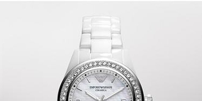 Dámské bílé keramické hodinky Emporio Armani s krystaly Swarovski