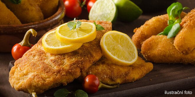 1 kg kuřecích a vepřových řízků a pečivo