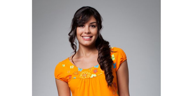 Dámské oranžové tričko Como Una Regadera s kytičkami