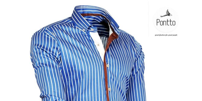 Pánská modrá proužkovaná košile Pontto s hnědými lemy