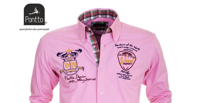 Pánská růžová košile s nášivkami Pontto