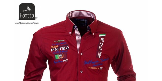 Pánská červená košile Pontto s vlaječovými výšivkami