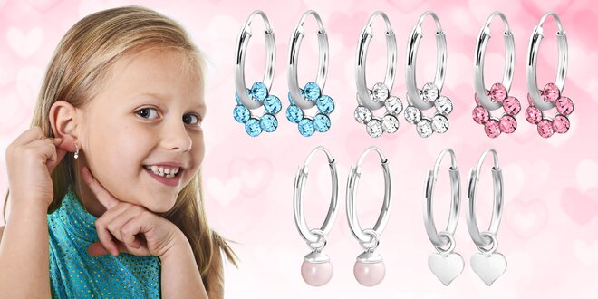 Dětské stříbrné náušnice s kytičkami, umělými perlami nebo srdíčky