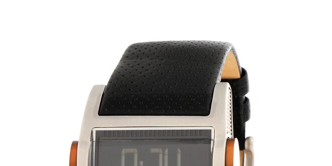 Pánské ocelové digitální hodinky DKNY s černým koženým řemínkem