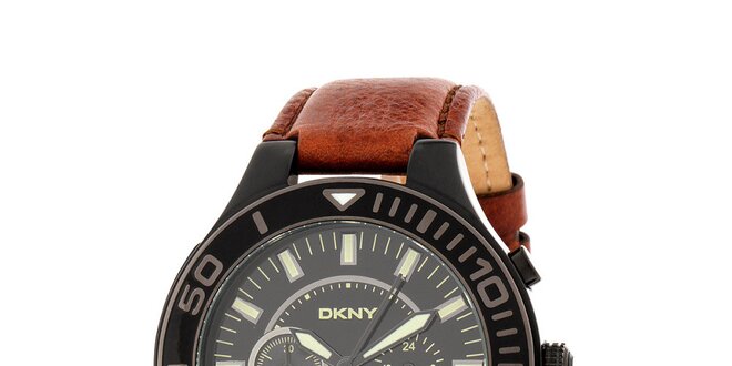 Pánské černé hodinky DKNY s hnědým koženým řemínkem
