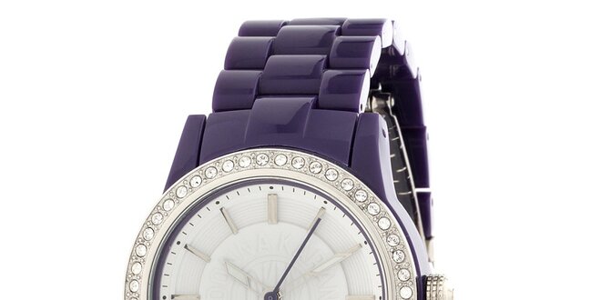 Dámské ocelové hodinky DKNY s fialovým keramickým řemínkem a kamínky