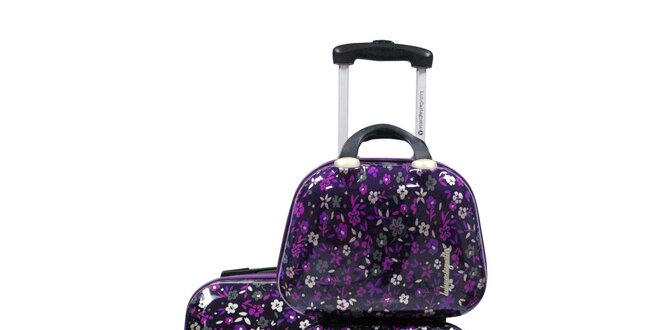 Dámský černo-fialový květovaný set dvou kufrů a kosmetické tašky Lulu Castagnette