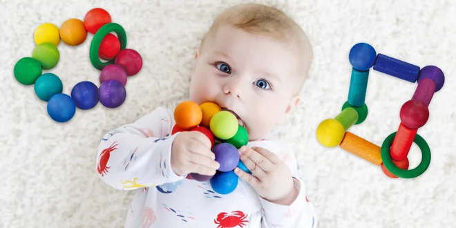 Barevná dřevěná kousátka pro miminka od 6 měsíců